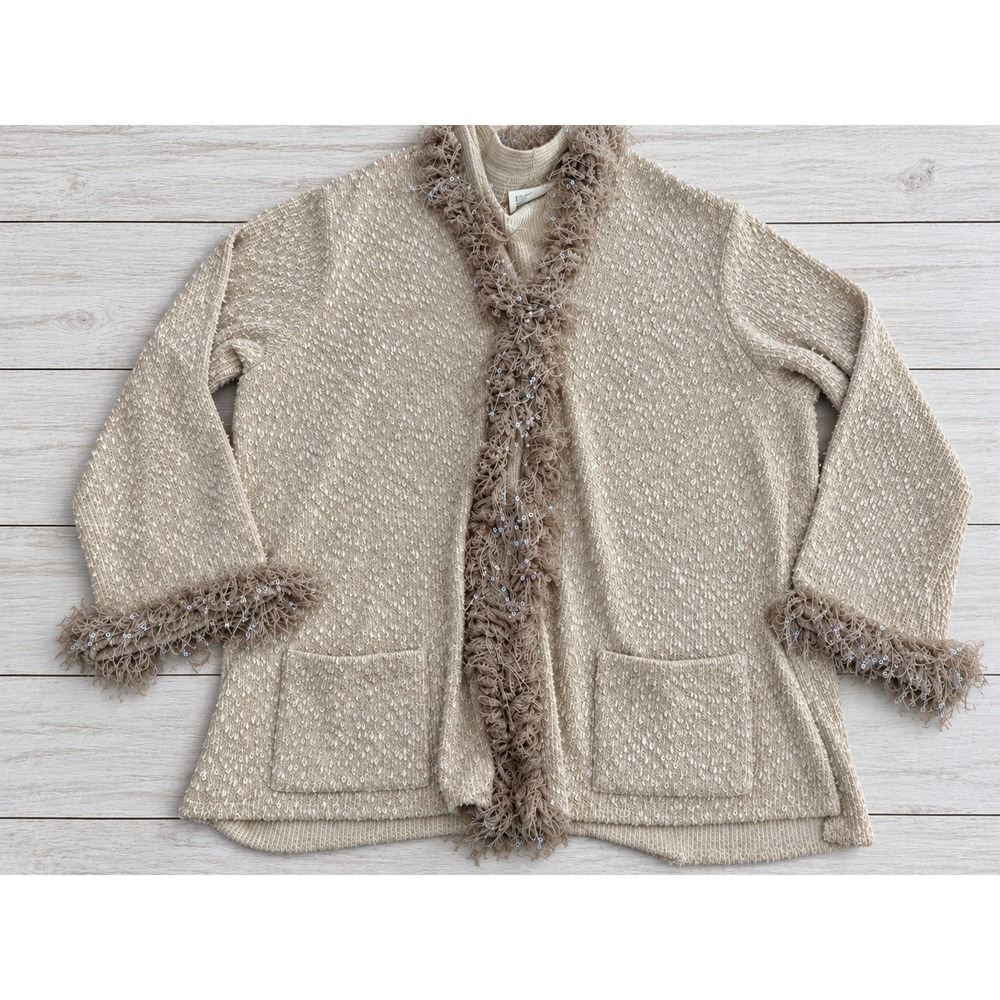 Linda Lundstrom Cardigan Fringed Sequin Trim Open Front Knit Beige Size 18 4287